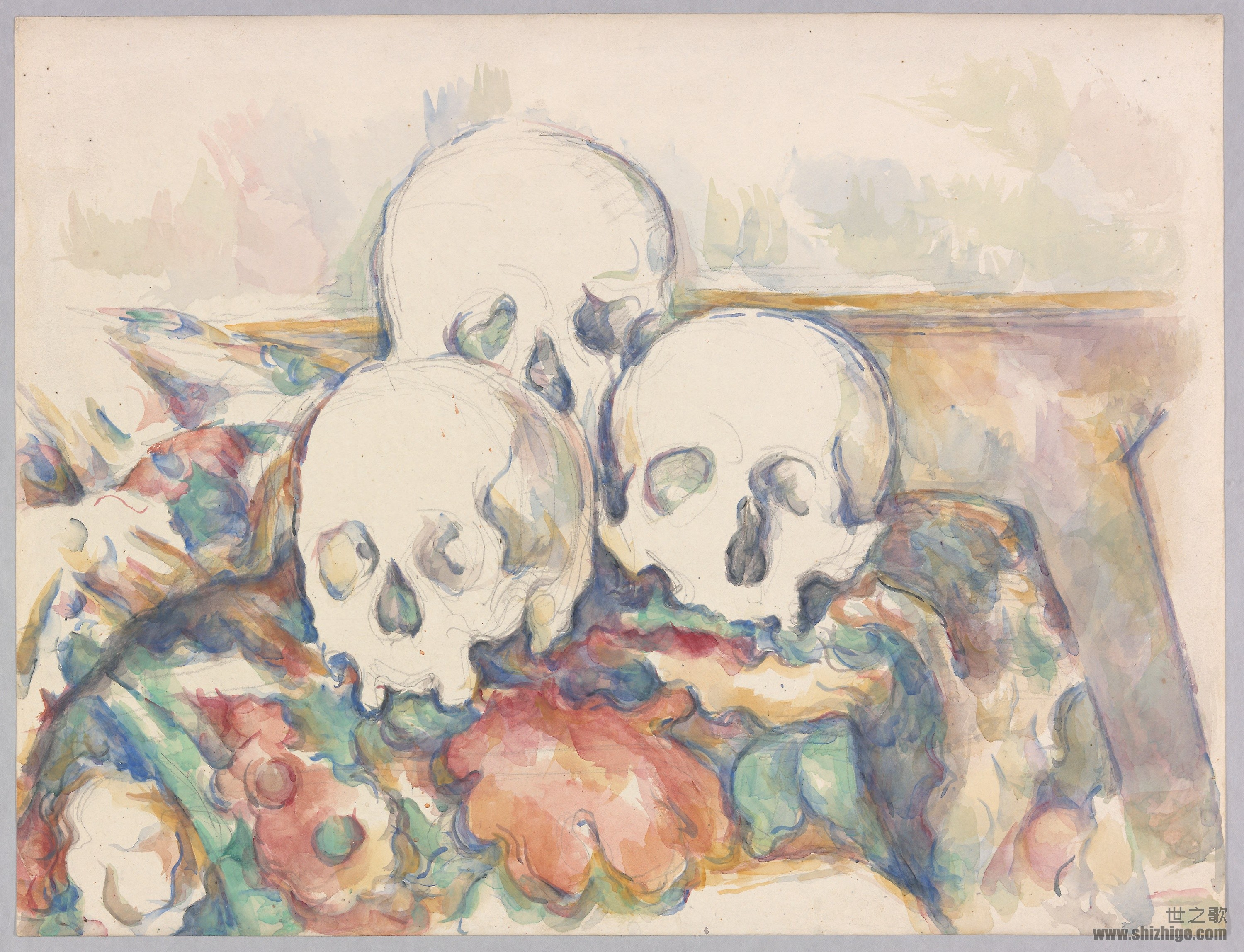 A work made of watercolor, with graphite and touches of gouache, on ivory wove paper.